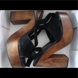 Lulu’s Lolita Leather Black Suede Wooden Platform Heels